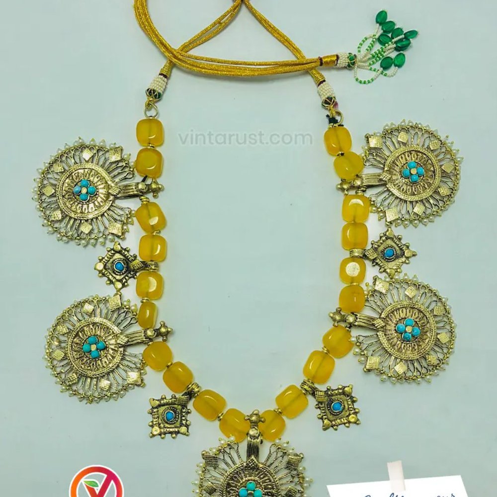 Tribal Choker Necklace, Yellow Stones Beaded Vintage Necklace - Picture 6 of 10